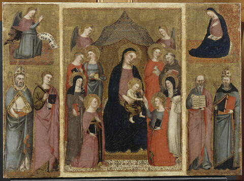 Triptyque : Le Mariage mystique de sainte Catherine, entre sainte Marguerite, sainte Claire, sainte Lucie, sainte Apollonie, sainte Catherine de Sienne, saint François, Sainte Agnès et deux anges. Sur les côtés : Annonciation avec quatre saints, saint Nicolas et saint évangéliste, saint Jean et saint Augustin.