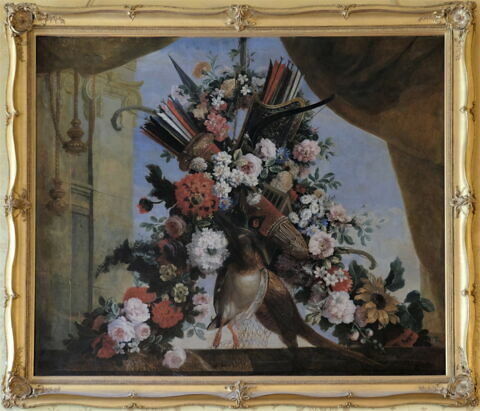 Fleurs, trophée d'armes et gibier