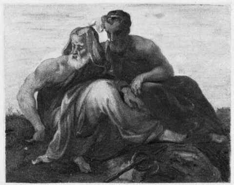 Deux hommes assis, un serpent auprès d'eux, dit autrefois 