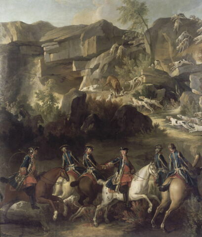Chasse de Louis XV dans la forêt de Fontainebleau, à Franchard ; Cerf aux abois dans les rochers de Franchard, image 13/15