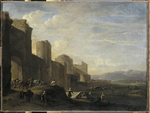 Charrette franchissant la porte d'une ville, aux murs baignés par une rivière, image 3/4