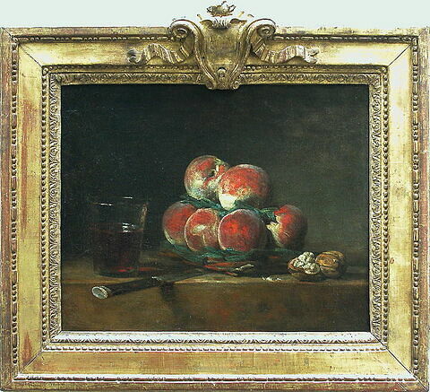 Panier de pêches, avec noix, couteau et verre de vin., image 2/2