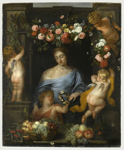 Flore et amours avec des fruits et des guirlandes de fleurs