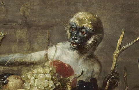 Trois singes voleurs de fruits, avec échappée sur un paysage, image 3/5