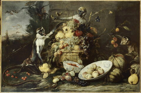 Trois singes voleurs de fruits, avec échappée sur un paysage, image 5/5
