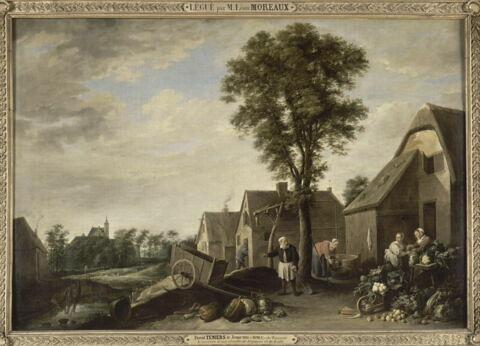 Paysage villageois avec cour de ferme, légumes et fruits, image 2/3