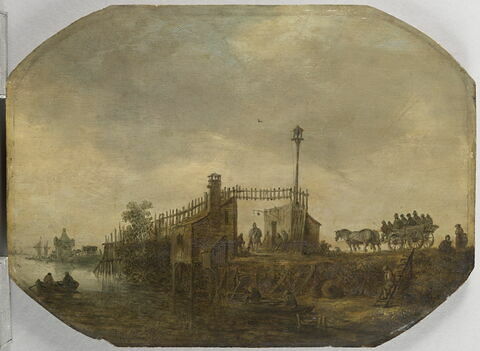 Paysage avec charrette sur une digue