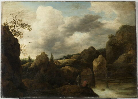 Paysage rocheux avec pêcheurs et chasseurs