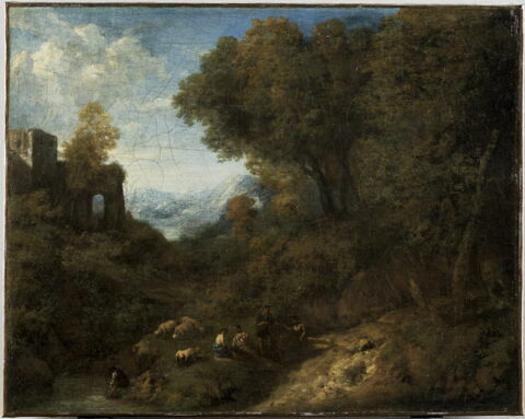 Paysage avec une ruine. Bergers et troupeaux au bord d'un ruisseau
