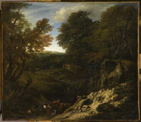 Paysage avec bergers et troupeau au bord d'une mare et près d'un talus fortement éclairé