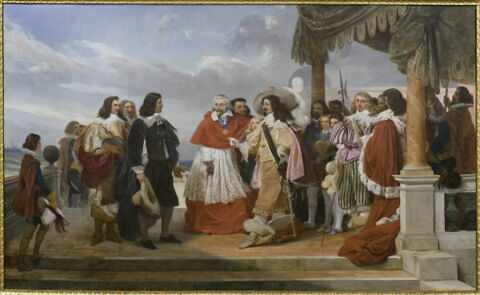 Plafond (compartiment central) : Poussin arrivant de Rome d'où il avait été rappelé par ordre de Louis XIII, est présenté par le cardinal de Richelieu au roi qui le nomme son premier peintre (en 1640).