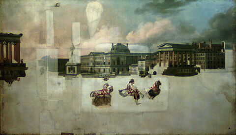 Entrée de Louis XVIII à Paris (3 mai 1814) ; passage du cortège sur le Pont-Neuf orné d'architectures provisoires ; au fond, le Louvre, image 6/6