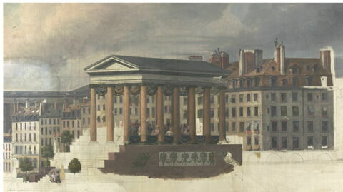 Entrée de Louis XVIII à Paris (3 mai 1814) ; passage du cortège sur le Pont-Neuf orné d'architectures provisoires ; au fond, le Louvre, image 2/6