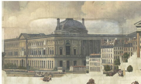 Entrée de Louis XVIII à Paris (3 mai 1814) ; passage du cortège sur le Pont-Neuf orné d'architectures provisoires ; au fond, le Louvre, image 3/6