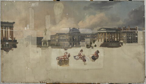 Entrée de Louis XVIII à Paris (3 mai 1814) ; passage du cortège sur le Pont-Neuf orné d'architectures provisoires ; au fond, le Louvre