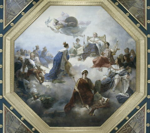 Plafond : La France, au milieu des rois législateurs et des juriconsultes français, reçoit de Louis XVIII la Charte constitutionnelle.