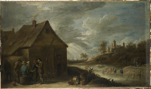 Cabaret près d'une rivière, avec des pêcheurs au filet