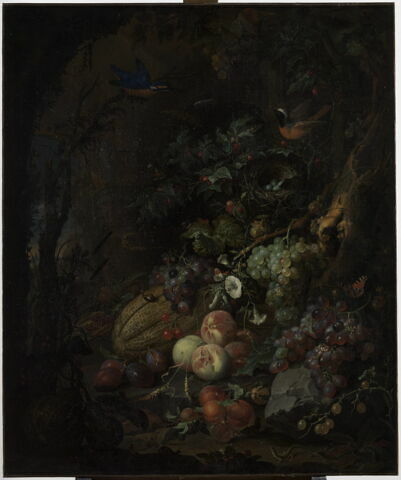 Fleurs, fruits, oiseaux et insectes dans un paysage avec ruines, avec une souris pénétrant dans un nid, image 2/4