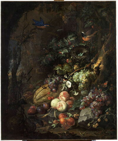 Fleurs, fruits, oiseaux et insectes dans un paysage avec ruines, avec une souris pénétrant dans un nid