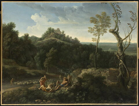 Paysage avec trois bergers et un troupeau de moutons
