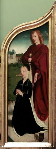 Triptyque de la famille Sedano : volet droit : Marie, épouse de Jean de Sedano, en prière avec saint Jean l'Évangéliste ; face externe : Ève, nue, image 9/11