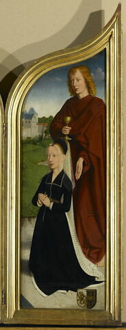Triptyque de la famille Sedano : volet droit : Marie, épouse de Jean de Sedano, en prière avec saint Jean l'Évangéliste ; face externe : Ève, nue, image 6/11