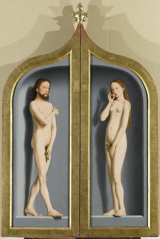 Triptyque de la famille Sedano : volet droit : Marie, épouse de Jean de Sedano, en prière avec saint Jean l'Évangéliste ; face externe : Ève, nue, image 8/11