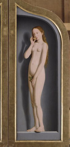 Triptyque de la famille Sedano : volet droit : Marie, épouse de Jean de Sedano, en prière avec saint Jean l'Évangéliste ; face externe : Ève, nue, image 11/11