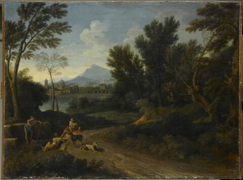 Paysage avec trois bergers et trois chiens