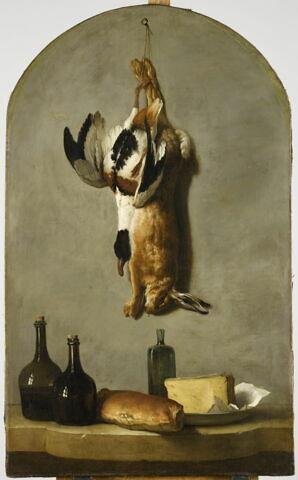Nature morte (lièvre, canard, bouteilles, pain et fromage)