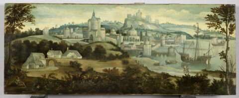 Vue d'une ville fortifiée avec un port