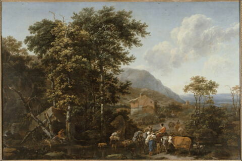 Paysage aux grands arbres avec des animaux près d'un gué, image 3/3
