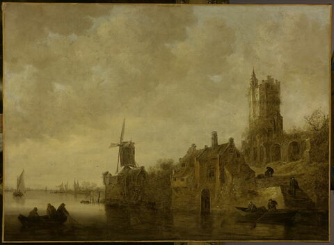 Paysage fluvial avec moulin et château en ruines
