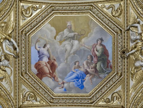 Plafond : Salle des Antonins - au centre de la voûte: la Religion et les Vertus théologales, image 3/6