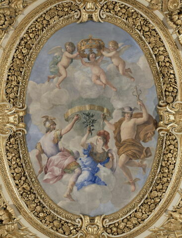 Plafond : Salon de la paix : au centre de la voûte: Allégorie du traite des Pyrénées ou La Paix fruit de la Guerre, image 10/11