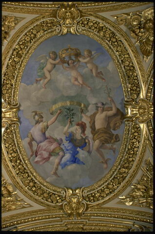 Plafond : Salon de la paix : au centre de la voûte: Allégorie du traite des Pyrénées ou La Paix fruit de la Guerre, image 11/11