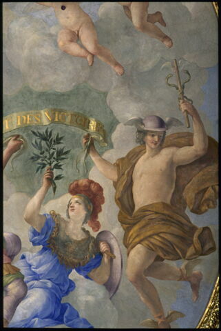 Plafond : Salon de la paix : au centre de la voûte: Allégorie du traite des Pyrénées ou La Paix fruit de la Guerre, image 6/11