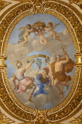 Plafond : Salon de la paix : au centre de la voûte: Allégorie du traite des Pyrénées ou La Paix fruit de la Guerre, image 4/11