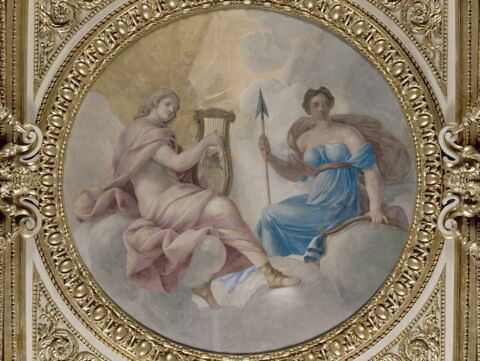 Plafond : Salle des Saisons - au centre de la voûte, composition circulaire: Apollon et Diane. A la voûte au dessus de la corniche, du sud vers le nord : Le Printems, image 7/8