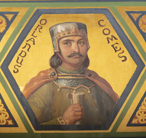 Plafond : Charlemagne, entouré de ses principaux officiers, reçoit Alcuin qui lui présente des manuscrits, ouvrage de ses moines, image 21/37