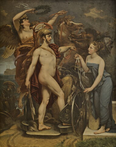 Plafond : La véritable Gloire s'appuie sur la Vertu (au centre). Mars, couronné par la Victoire, écoutant la Modération, arrête ses coursiers et baisse ses javelots (à gauche). Le Temps élève la Vérité vers les marches du trône, la Sagesse l'y reçoit, un génie naissant l'écoute, les armes royales sont à ses pieds (côté droit)