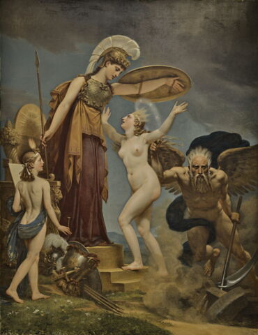 Plafond : La véritable Gloire s'appuie sur la Vertu (au centre). Mars, couronné par la Victoire, écoutant la Modération, arrête ses coursiers et baisse ses javelots (à gauche). Le Temps élève la Vérité vers les marches du trône, la Sagesse l'y reçoit, un génie naissant l'écoute, les armes royales sont à ses pieds (côté droit), image 3/6