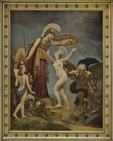 Plafond : La véritable Gloire s'appuie sur la Vertu (au centre). Mars, couronné par la Victoire, écoutant la Modération, arrête ses coursiers et baisse ses javelots (à gauche). Le Temps élève la Vérité vers les marches du trône, la Sagesse l'y reçoit, un génie naissant l'écoute, les armes royales sont à ses pieds (côté droit), image 4/6