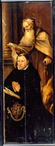 Portrait de l’abbé Antoine Blondel avec saint Antoine, son saint patron, 1632
Avers (face interne) d’un volet droit de retable 
Au revers (face externe) : L’Empereur Charlemagne (ou un roi de France ?) remettant une charte de fondation d’abbaye à une religieuse, image 4/5
