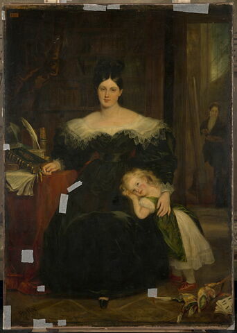 Portrait de Louise Belloc, épouse de l'artiste, et de sa fille Adélaïde ; en arrière-plan, l'autoportrait de l'artiste.