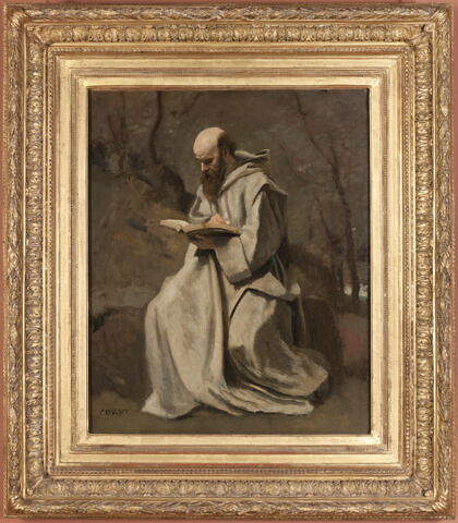 Moine blanc, assis, lisant., image 2/4