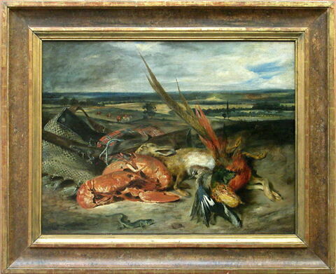 Tableau de nature morte, dit Nature morte au homard et trophées de chasse et de pêche, image 3/3