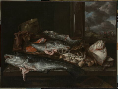 Nature morte aux poissons, avec bord de mer et pêcheurs à l'arrière-plan