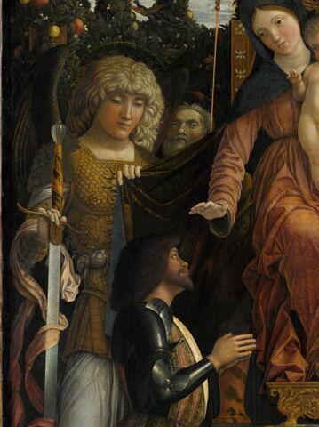 La Vierge et l'Enfant entourés de six saints (Michel, André, Longin, Georges, Élisabeth, le jeune saint Jean Baptiste) et adorés par Francesco II Gonzaga, dit La Vierge de la Victoire., image 5/14
