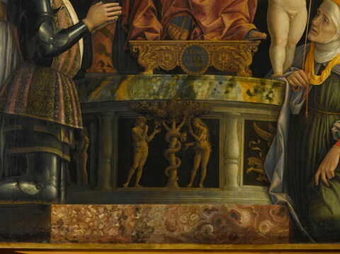 La Vierge et l'Enfant entourés de six saints (Michel, André, Longin, Georges, Élisabeth, le jeune saint Jean Baptiste) et adorés par Francesco II Gonzaga, dit La Vierge de la Victoire., image 6/14